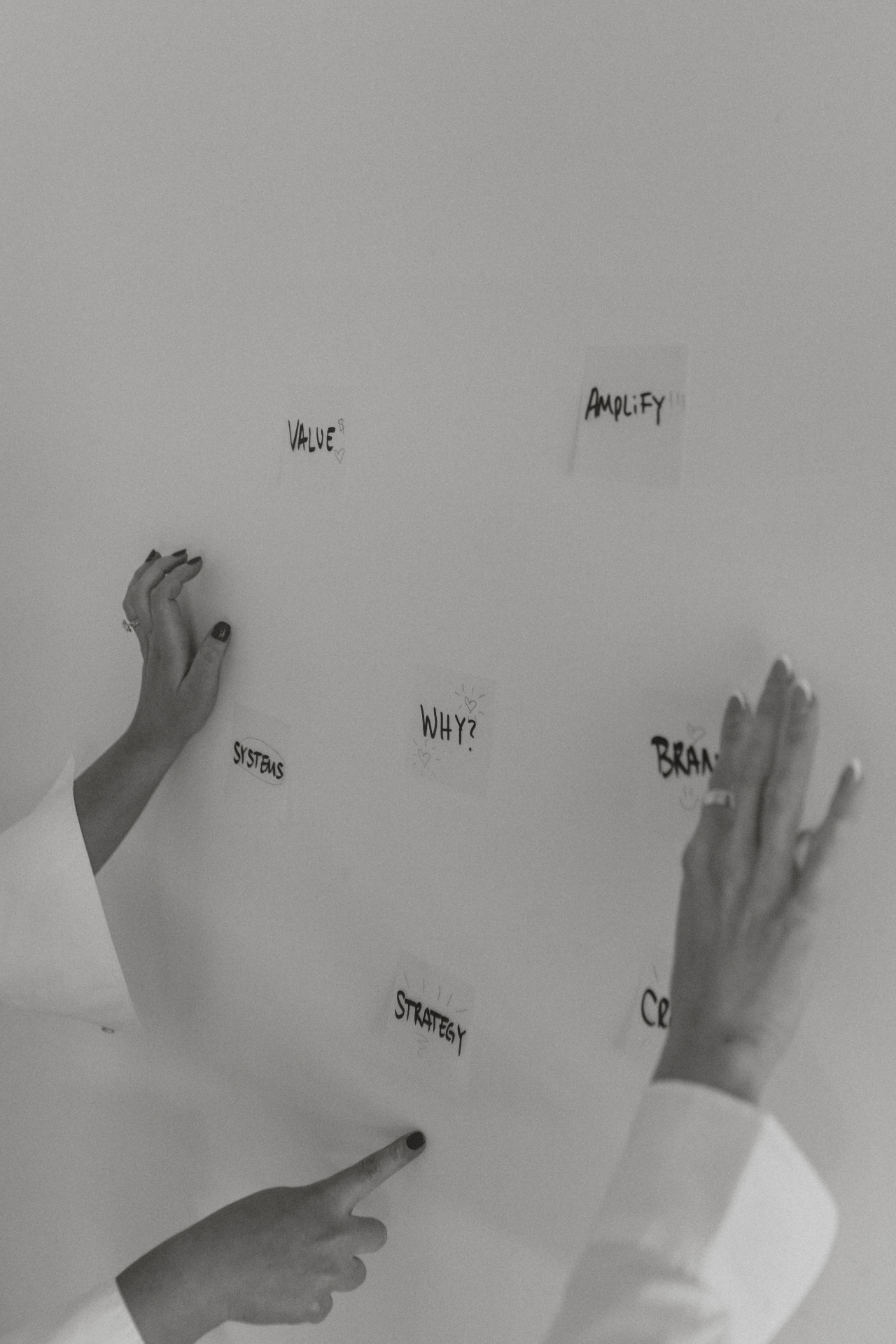 Hands gesturing at sticky notes on a wall: Value, Amplify, Why, Systems, Strategy, Brand